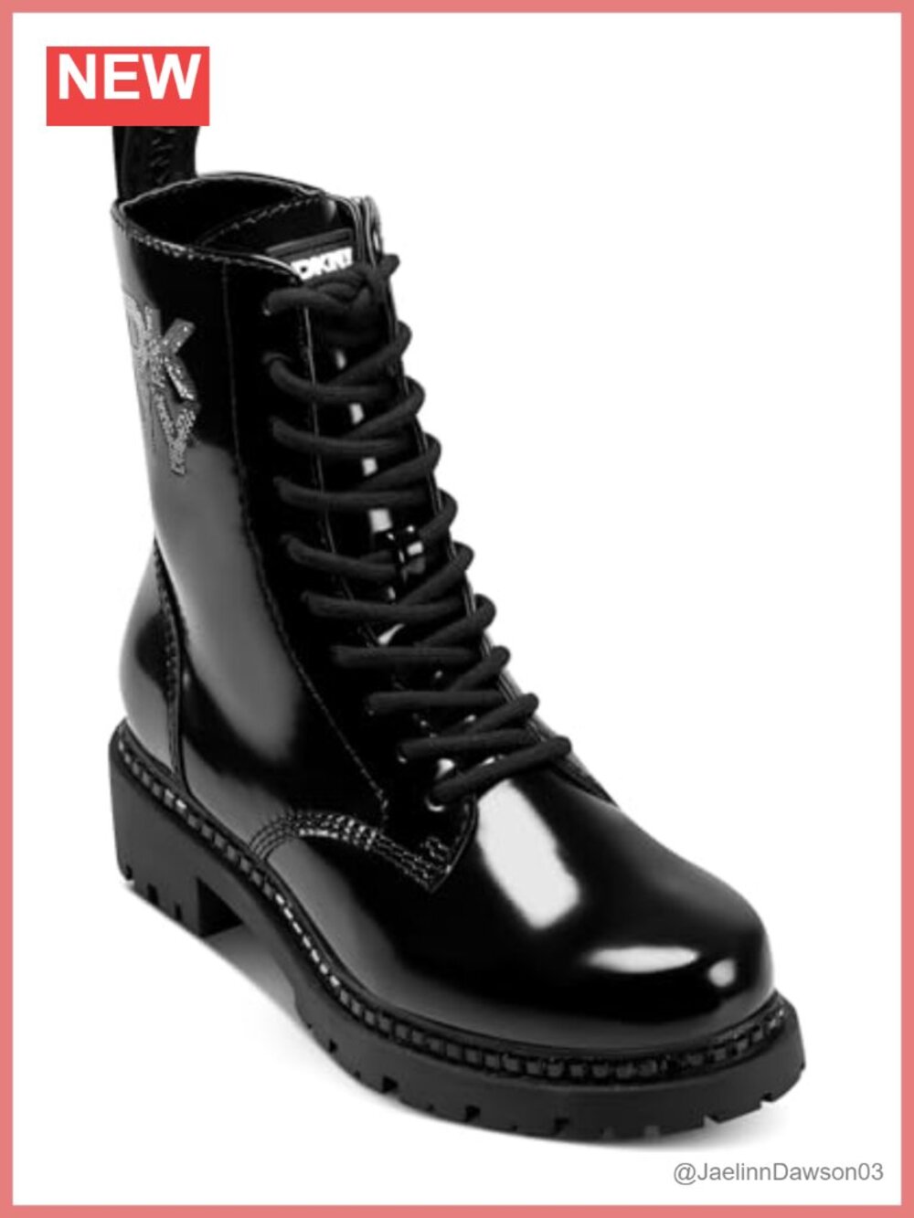 DKNY Women's Rufus Lace Up Combat Boot With Sequins Faux Leather Square Toe